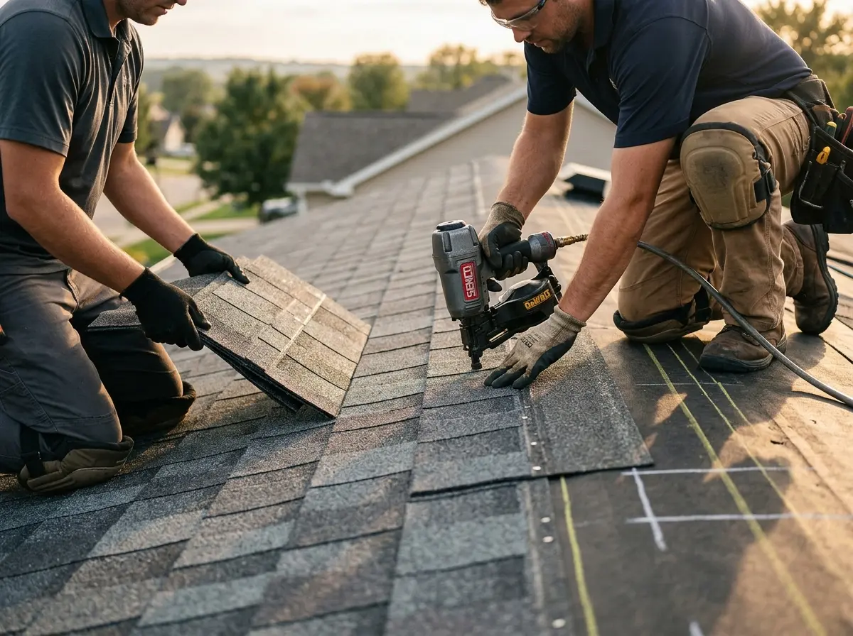 Professional roofer working on a residential roof in Hastings-on-Hudson